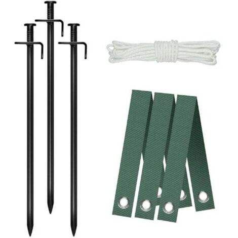 8 Pièces Piquets d'arbre Kit, 3Pcs 30cm Piquets d'arbre Robustes avec 3Pcs Sangles de Jalonnement d'arbre et 10m Corde d'ancrage pour Supports dans Protection Contre Ouragans et Intempéries