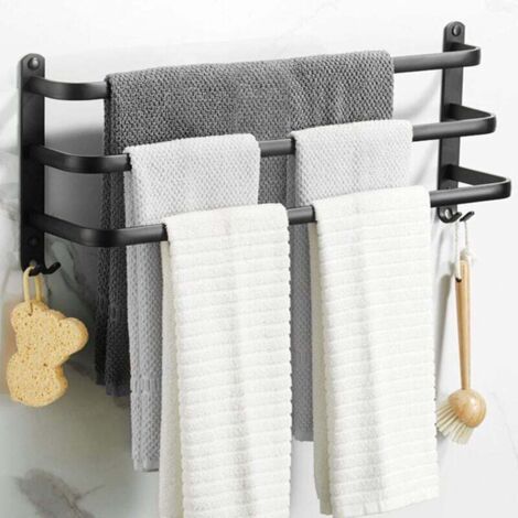 Porte Serviette Murale,Porte Serviette Salle de Bain,Porte-Serviettes Adhésif Noir Mat, Porte-Serviettes en Alliage d'Aluminium Non Perforé (40cm, Three Bars) (1/4)
