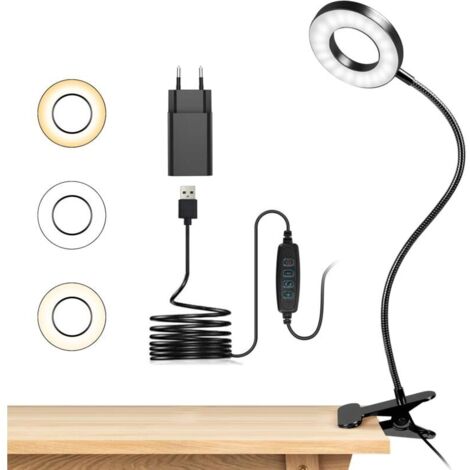 Lampe de Bureau à Pince 48 LED Flexible à 360°Lampe Lecture Clipsable 3 Modes d’Éclairage &10 Niveaux de Luminosité Led USB pour Étude et Travail, Noir [Classe énergétique F] [Classe énergétique F]