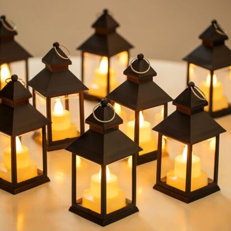 Mini Lanterne LED Noir - Lot de 10 Lanterne Bougie à Suspendre Decorative Bougeoir pour Exterieur Halloween Ramadan Mariage Noel Decoration de Table, Piles Incluses