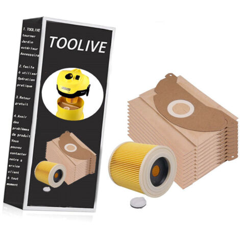 Lot de 10 sacs d'aspirateur + filtre pour Kärcher A 2004 A 2024 A 2054 MV 2 Karcher 6.904-322 Sacs en papier Kärcher MV2 WD2 Premium pour fonctionnement à sec- (1/4)