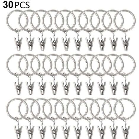 30 anneaux de rideau PCS avec pinces, pinces draperie solides, crochets sur support de tige de tension, diamtre intrieur oeillets en mtal rideaux dcoratifs cintres de fentre, argent (1/4)