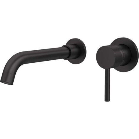 Robinet Salle Bain Mural Mitigeur Lavabo, Mélangeur Eau Froide et Chaude, Pas de Fuites, Installation Facile et Rapide Laiton, Inoxydable, Élégant, Et Bec 21 cm, Noir (1/4)