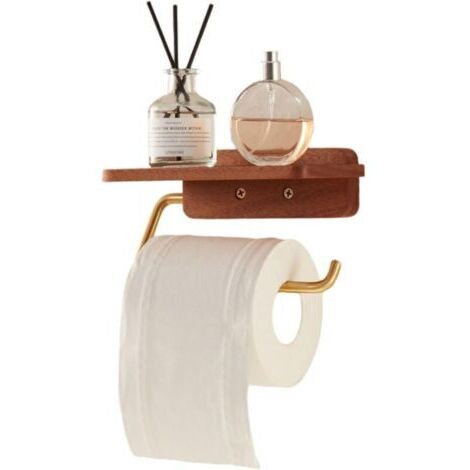 Toilet Paper Holder with Wood Shelf Wall Mount Tissue Paper Roll Holder with Phone Shelf Wood Floating Shelves Bathroom Accessories (1/4)