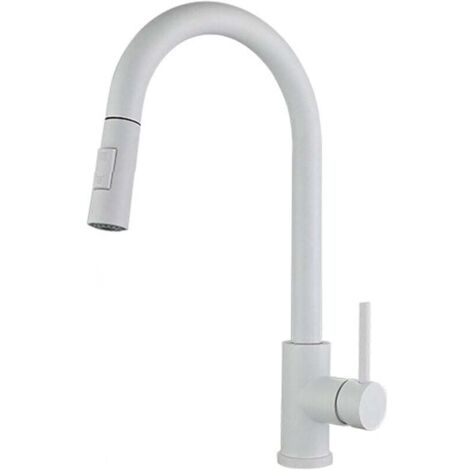 Robinet de cuisine, blanc, en acier inoxydable, à grand arc, extensible et pivotant à 360°, mitigeur d'évier à levier unique avec 2 modes, robinet de cuisine extensible (1/4)