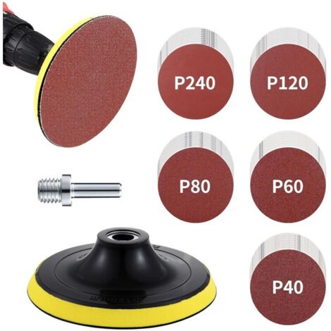 Kit de disques abrasifs, Plateau et patin de ponçage, 125 disques abrasifs M14, 50 feuilles de papier abrasif pour 10 x 40/60/80/120/240 (1/4)