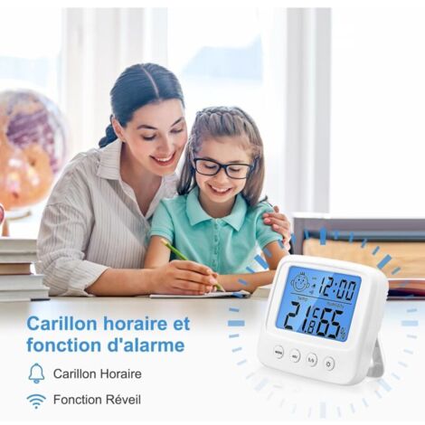 Station météo avec réveil, thermomètre hygromètre numérique intérieur et extérieur, jauge d'humidité avec icônes météo, prévisions météo, affichage de l'heure (noir