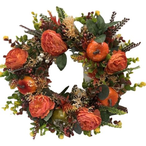 Couronne de citrouilles artificielles , couronne de fleurs d'automne pour l'intérieur et l'extérieur, couronne ronde pour porte d'entrée, couronne de Thanksgiving (1/4)