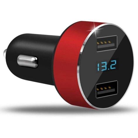 Adaptateur allume-cigare double port 3,1 A avec prise USB et voltmètre numérique LED 12 V/25 V pour téléphones portables, tablettes, appareils photo et autres chargeurs, rouge. (1/4)