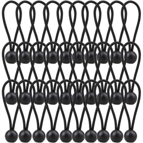 Lot de 30 tendeurs élastiques , boules noires, robustes et résistants aux intempéries, épaisseur 4 mm – pour le camping, les tentes, le chargement, le maintien de câbles et de tuyaux. (1/4)