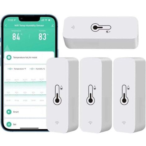 Lot de 4 hygromètres WiFi  pour la maison, l'intérieur et l'extérieur - Capteur sans fil de température et d'humidité avec alerte via application mobile, compatible avec l'application Tuya (1/4)
