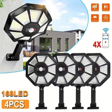 Ensemble de 4 lampadaires solaires d'extérieur  avec détecteur de mouvement et télécommande, 168 LED, lampes solaires de jardin avec 3 modes d'éclairage, étanches IPX4, orientables à 180°. (1/4)