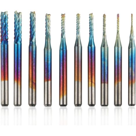10Pcs Kit de PCB Fraise Rotatives de Nano Bleu Tige 3MM Ensemble de Gravure en Bout Carbure de Tungstène pour CNC Fraises Bavures Tool Avec Étui de Rangement (1/5)