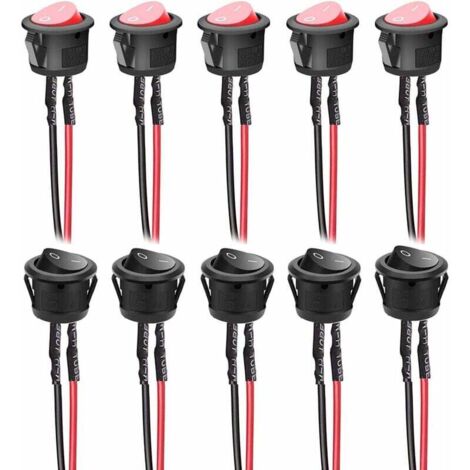10 pièces 6A/250V 10A/125VAC interrupteur à bascule rond précâblé 2 broches interrupteur à bascule marche/arrêt pour voiture, camion (noir + rouge) (1/5)