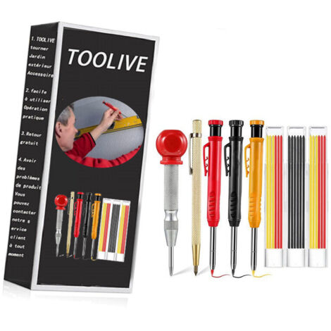 Lot de 8 crayons de charpentier solides Crayon, Marqueur, Craie avec poinçon central, outil de traçage au carbure pour marqueur de trou profond- (1/4)