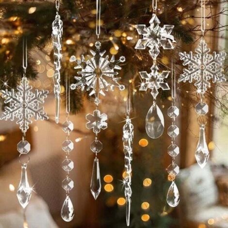 Lot de 18 décorations de Noël en cristal pour sapin de Noël, flocons de neige en acrylique à suspendre, avec pendentifs en forme de goutte, pour lustres hivernaux. (1/4)