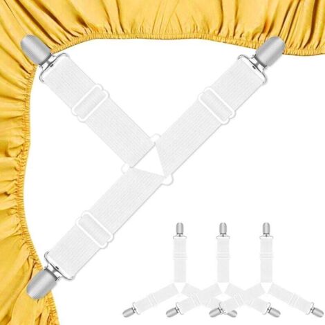 Tendeur Drap Housse, Set de 4 Pièces Blanches Aattache Drap Housse, Élastiques Ajustables Sangle Drap Housse avec Pinces Métalliques pour Draps de lit, Housses de Matelas, Coussins de Canapé (1/4)