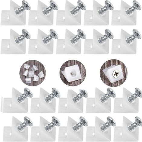 Lot de 20 connecteurs de paroi arrière et 20 vis en acier inoxydable, cales de tiroir, étagères de tiroir, paroi arrière d'armoire, support mural avec vis – Blanc (1/4)