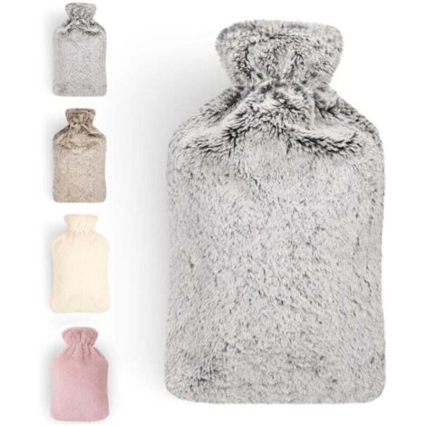 Bouillotte premium avec housse en fausse fourrure douce 2l - bouillotte en caoutchouc naturel - bouillotte cadeau petite amie - bouillotte luxe - bouillotte anti-fuite gris (1/4)