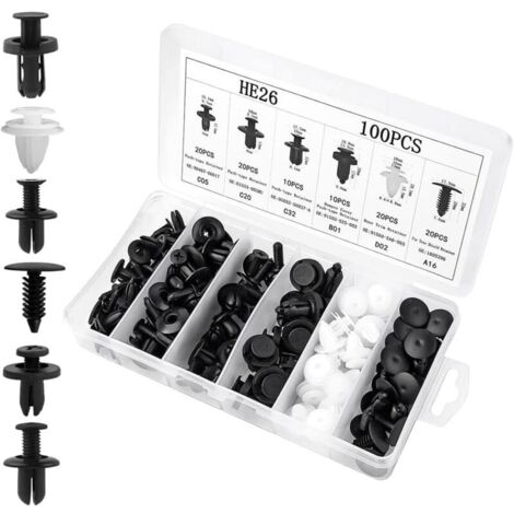 Lot de 100 Clips Fixation Auto Universels - Plastique Nylon pour Revêtement Porte Voiture Compatible VW, Mercedes, BMW (1/4)