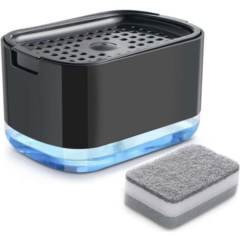 Distributeur de Liquide Vaisselle de Cuisine, Distributeur de Savon 2 en 1, Distributeur de Savon à Pompe avec Porte-éponge, Distributeur de détergent Rechargeable (Noir) (1/4)