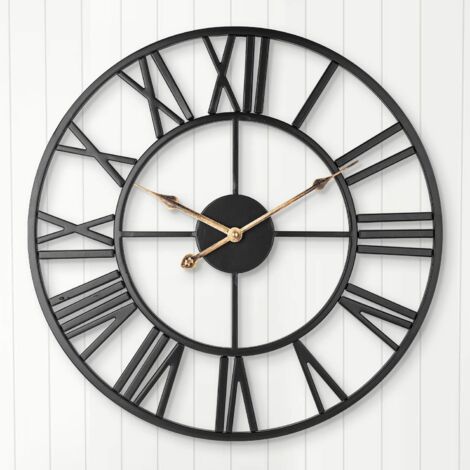 Horloge Murale silencieuse, Horloge Vintage de Ferme européenne  avec Chiffres Romains, Horloge décorative Squelette en métal à Piles sans coutil de 40 cm pour la Cuisine à la Maison (Noir)