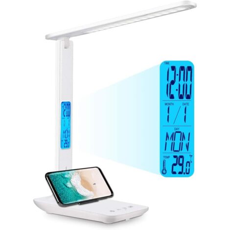 Lampe de bureau LED, lampe d'étude rechargeable pliante, alarme, calendrier, température, horloge lampe de bureau 3 modes 5 niveaux de luminosité lampe de bureau étudiant à contrôle variable (1/5)