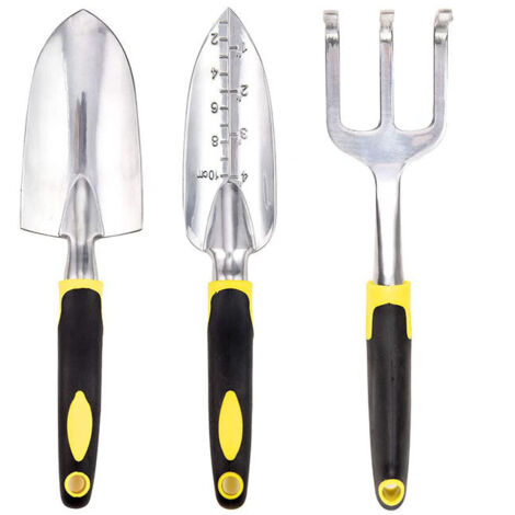 Ensemble d'Outils de Jardin, Outils de Jardinage en Aluminium 3 pièces avec Truelle, Transplantoir et Râteau à Main, Poignée Ergonomique Antidérapante Douce Confortable, jaune (1/2)