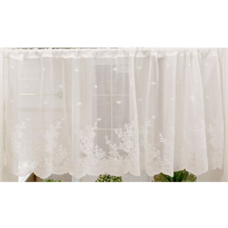 Rideaux Brise Bise Fleurs Découpée Court Rideau Passe Tringle Semi-Transparent Cuisine Bureau Chambre 1 Pièce Blanc 60x150cm
