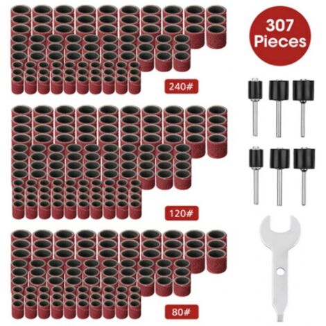 Kit de ponceuse à tambour, 307 pièces, 300 manchons de bande de ponçage (80 /120 /240 ) + 6 mandrins de tambour (1/4)