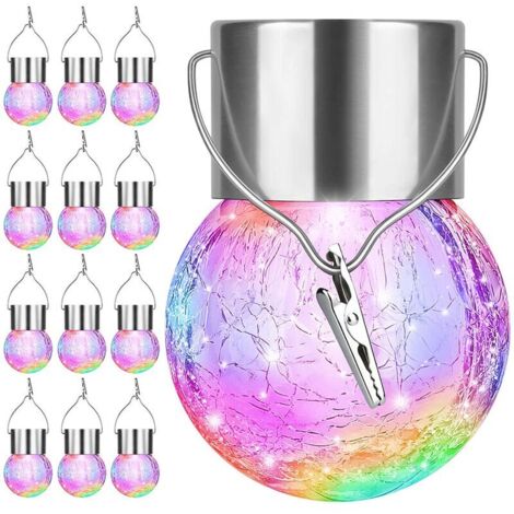Lot de 12 lampes solaires suspendues pour l'extérieur - Lampes solaires décoratives à LED étanches en verre fissuré avec crochet pour la décoration de vacances de jardin, multicolore (1/4)