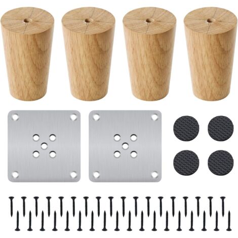 Lot de 4 pieds de meubles en bois massif droits de 8 cm avec plaque de montage, vis et tapis antidérapants pour canapé, table, chaise, meuble à thé (1/5)