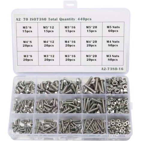 Kit 440PCS M3 M4 M5 en Acier inoxydable Bouton à tête hexagonale Socket Tête Câble Boulons Vis Écrou de Blocage Assortiment Kit avec Boîte de Rangement
