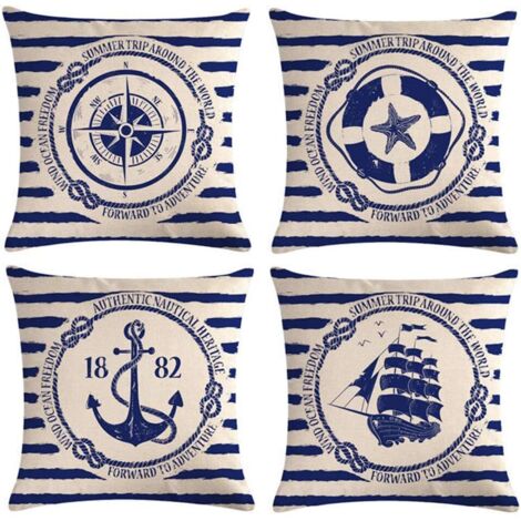 4 pièces housse de coussin voile Navigation boussole housse de coussin décorative coton lin jeter taies d'oreiller 45x45 cm (1/5)
