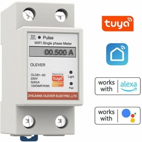 Compteur Intelligent WiFi Tuya pour Comptage d'Énergie - Compteur monophasé - Contrôle via l'application mobile - Affichage de la tension, du courant, de la puissance active et de la consommation d'él