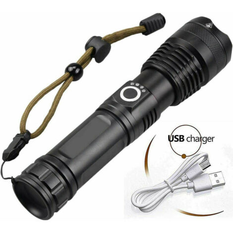 Lampe de poche à lumière puissante charge USB zoom télescopique longue portée P70 pour la conduite de nuit, le camping (1/5)