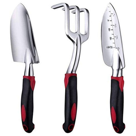 Ensemble d'Outils de Jardin, Outils de Jardinage en Aluminium 3 pièces avec Truelle, Transplantoir et Râteau à Main, Poignée Ergonomique Antidérapante Douce Confortable, rouge (1/2)