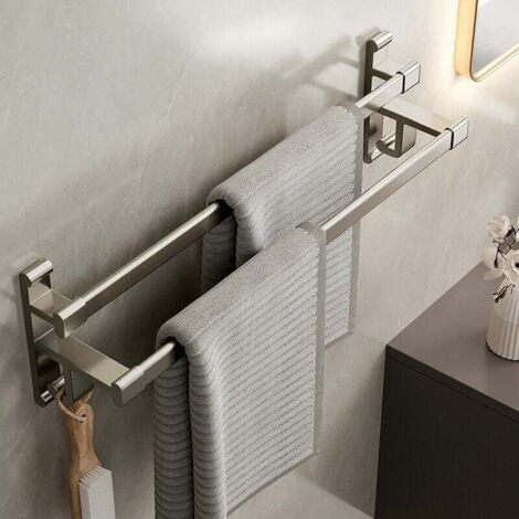 Porte-serviettes de salle de bain sans trous porte-serviettes double bras salle de bain double espace porte-serviettes de salle de bain en aluminium porte-serviettes auto-adhésif gris métallisé double (1/5)