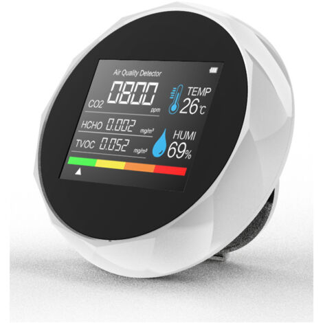 Moniteur de CO2 multifonctionnel, détecteur de dioxyde de carbone portable de haute précision avec température et humidité pour la maison, le bureau, l'école, 5 en 1, CO2/TVOC/HCHO/Temp/Humidité, Blan (1/5)