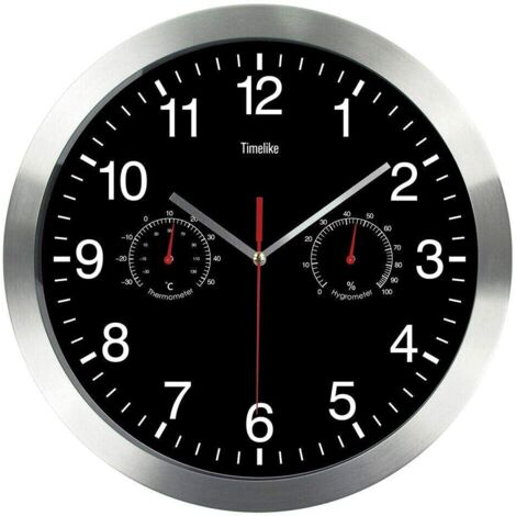 Quartz Ronde Horloge Murale, Aluminium Silencieuse Intérieur Murale Horlog vec Thermomètre Et Hygromètre pour Salon Cuisine Bureau (Noir) (1/5)