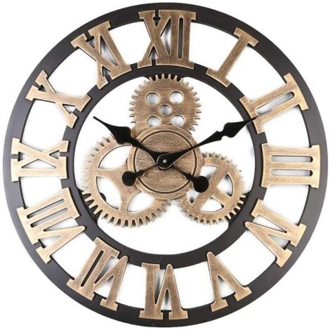 Horloge Murale 60  60cm Grand Classique Vintage en Bois Silencieux Rétro Vitesse Pendaison Horloge Chiffre Romain Horologes Style Européen Steampunk Décor Industriel pour Salon, Bar,d'or (1/5)