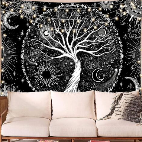 Tapisserie noire et blanche motif arbre de vie étoilé - Tapisserie murale esthétique à suspendre - Décoration d'intérieur pour chambre à coucher, salon, dortoir (arbre de vie, M/130 x 150 cm) (1/5)