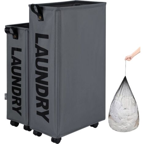 Paniers à linge avec des roues, Pliable Sac à linge, Pliage Grande Capacité Corbeilles à linge (Gris Foncé, M) (1/5)