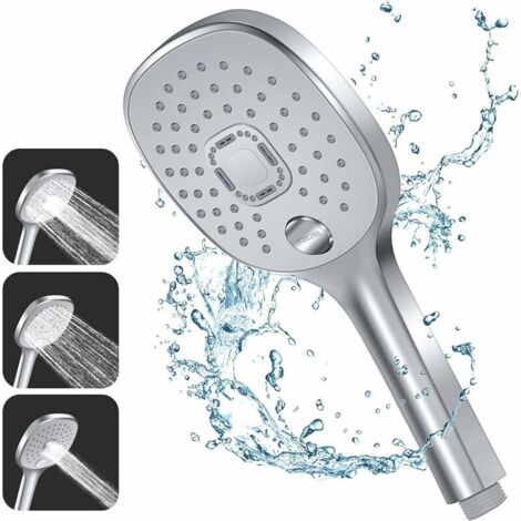 Pommeau Douche, 3 Types de Jets avec Poignée Durable et Buse en Silicone Respectueuse de l'environnement, Grand Pommeau de Douche Argenté (Pommeau de Douche sans Tuyau) (1/5)