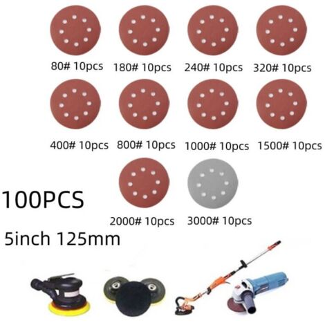 100pcs 125mm Papier de Verre Rond En Forme De Disques De Ponçage Crochet Boucle Papier Abrasif Polissage Feuille Papier 8 Trous (1/5)