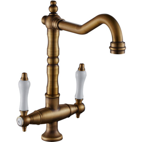 Mitigeur de lavabo Robinet de cuisine antique, pivotant à 360 °, robinet d'évier à deux poignées, mitigeur haute pression, bec haut en laiton (1/5)
