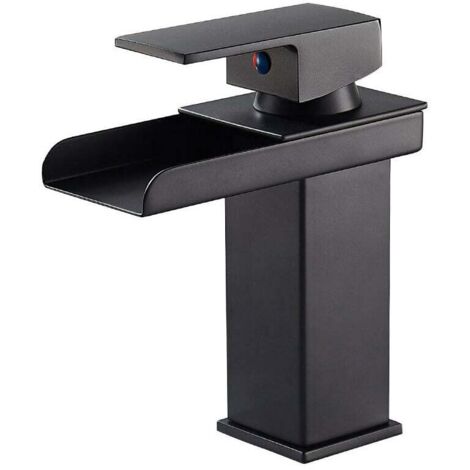 Robinet Salle de Bain Cascade Noir Mat, Mitigeur Lavabo Robinet Lavabo en Laiton avec Eau Froide & Chaude Disponible, Valve en Céramique, Robinet Salle de Bain Design Cascade Concave, G 3/8 (1/5)