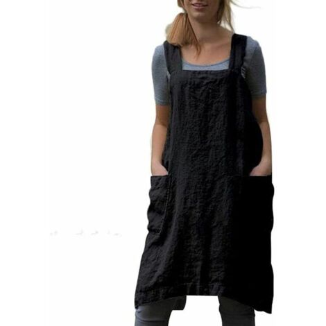 Tablier de jardinage Grand tablier en coton et lin pour femme Tablier dos croisé Robe chasuble pour la cuisson Cuisine Jardinage Travail - Le noir (1/5)