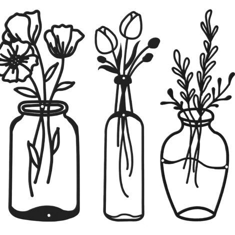 3 Pièces Décor Mural de Fleur en Métal Vase Minimaliste Décor d’Art Mural en Fil de Fer de Tulipe Noire Sculpture Murale Florale pour Cuisine Salle de Bain (1/5)