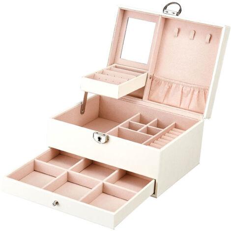 Boîte à bijoux, boîte à bijoux en cuir PU 3 couches, organisateur de bijoux verrouillable, cadeau élégant pour dames et filles